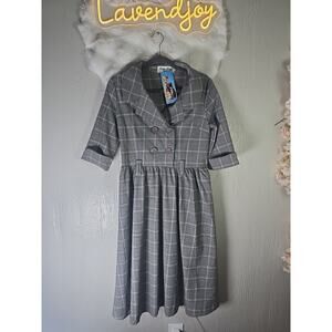 NWT Bettie Page Gray Glen Plaid Pin Up Dress Large Retro Rockabilly Office